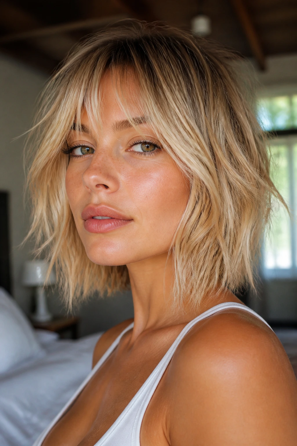 Close-up of a real woman with a choppy lob and bottleneck bangs in blonde