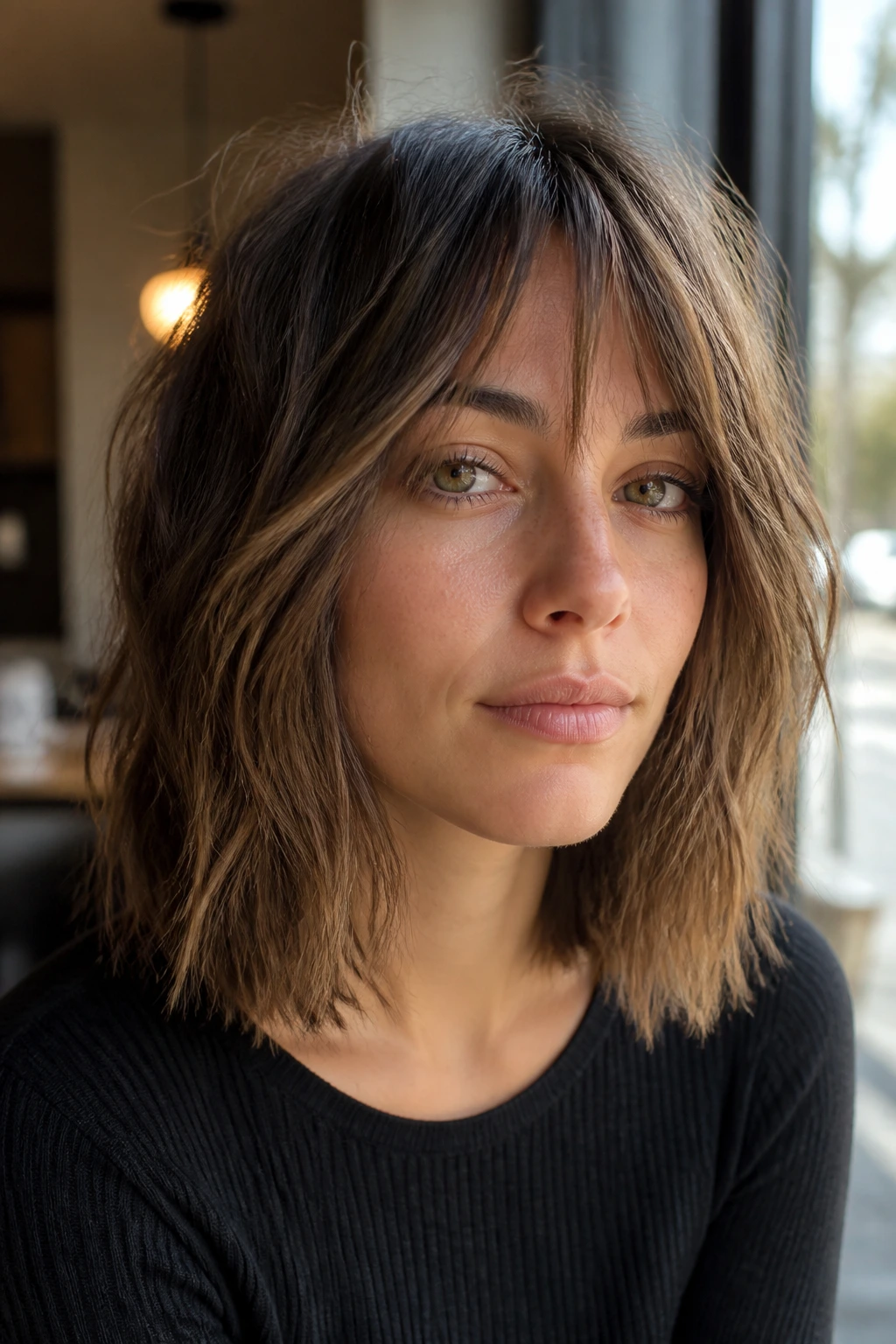 Close-up portrait of a real woman with a choppy lob and broken-up curtain fringe in warm natural light