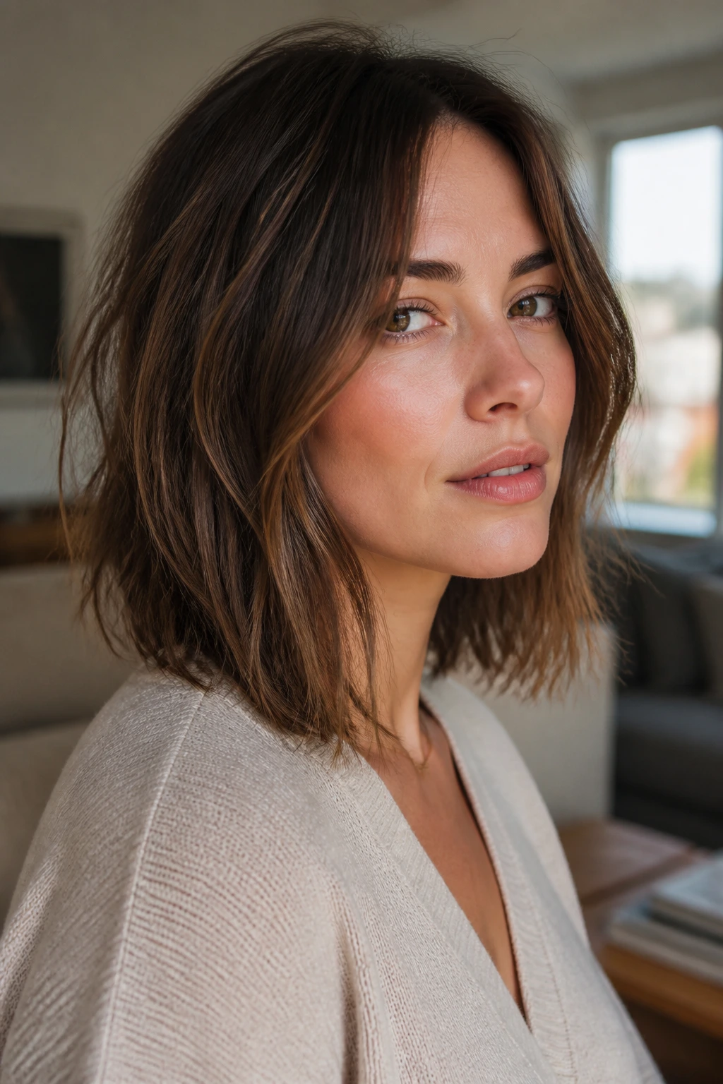 Portrait of a real woman with a choppy lob and calm perimeter under natural window light.