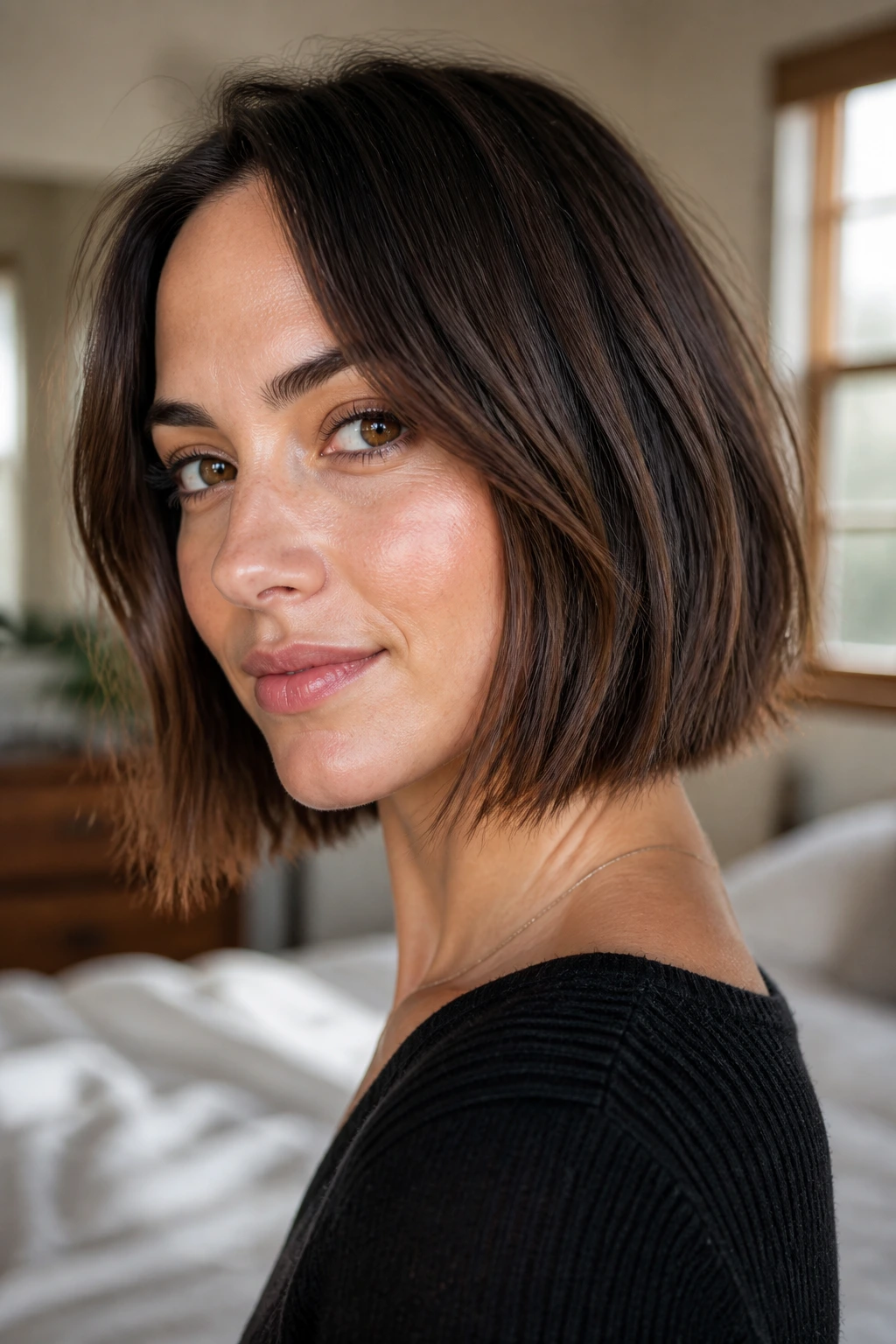 Close-up portrait of a real woman with a choppy lob line and textured ends