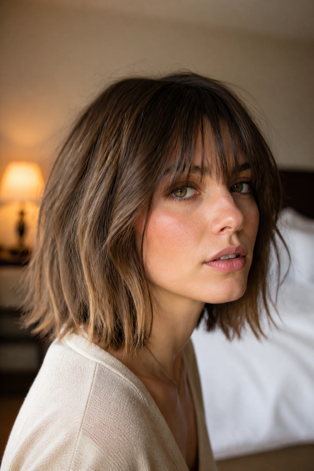 Close-up portrait of a real woman with a choppy lob showing mood-driven variation in natural window light