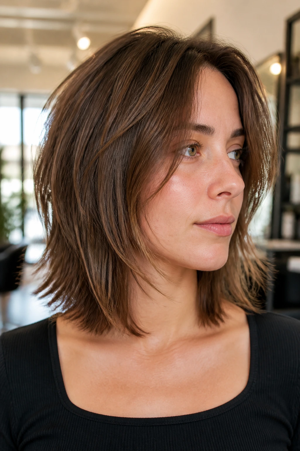 Close-up portrait of a real person with a Choppy Lob Shag and micro-layers, soft salon lighting.