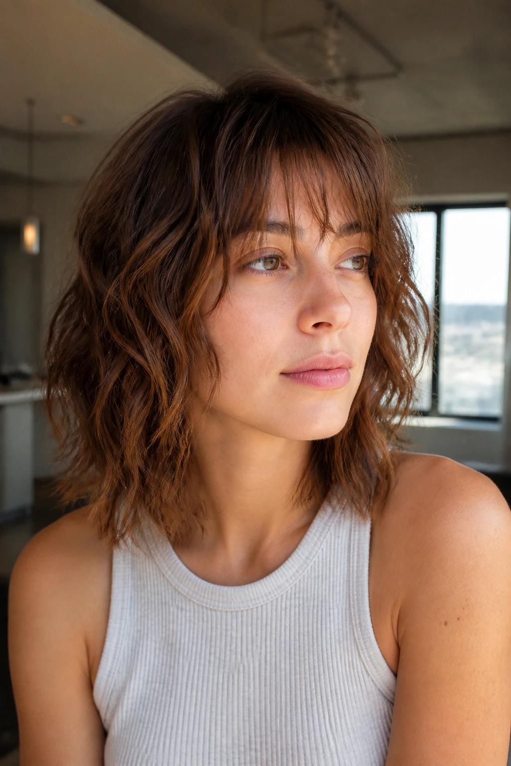Mid-shot of a real woman wearing a choppy lob shag with see-through fringe in natural light.