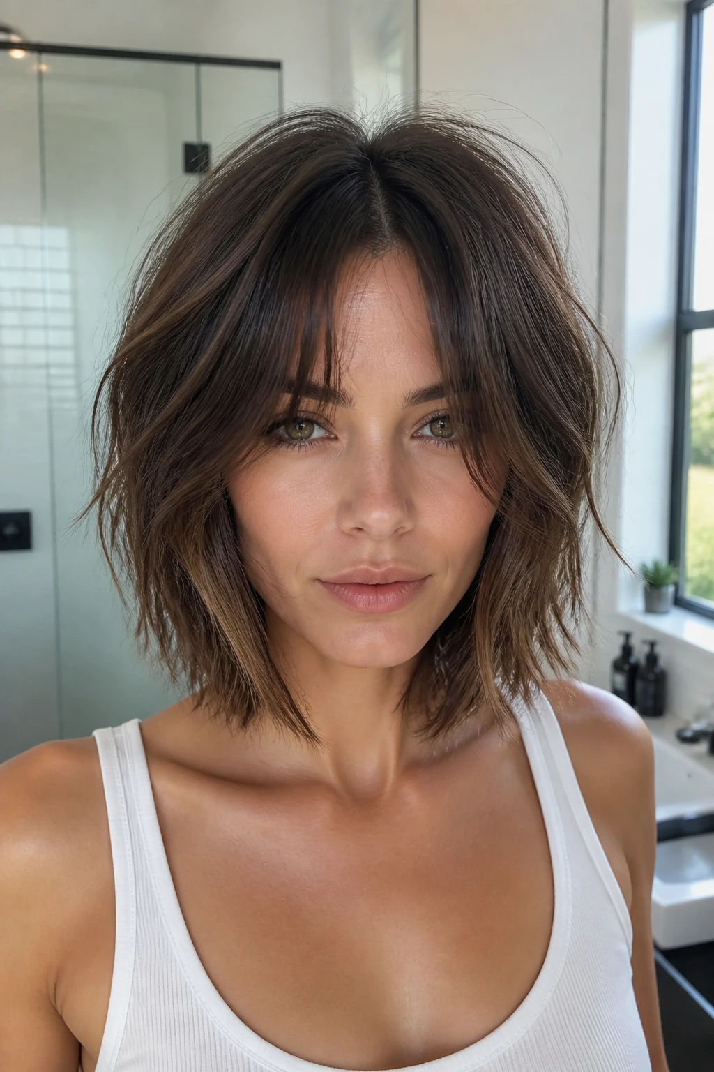 Close-up of a real person with choppy lob shag showing movement and uneven ends