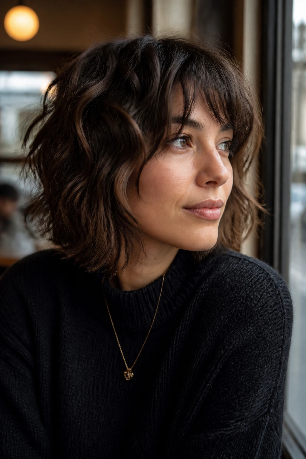Portrait of a real person with a choppy lob shag featuring textured, broken-up ends