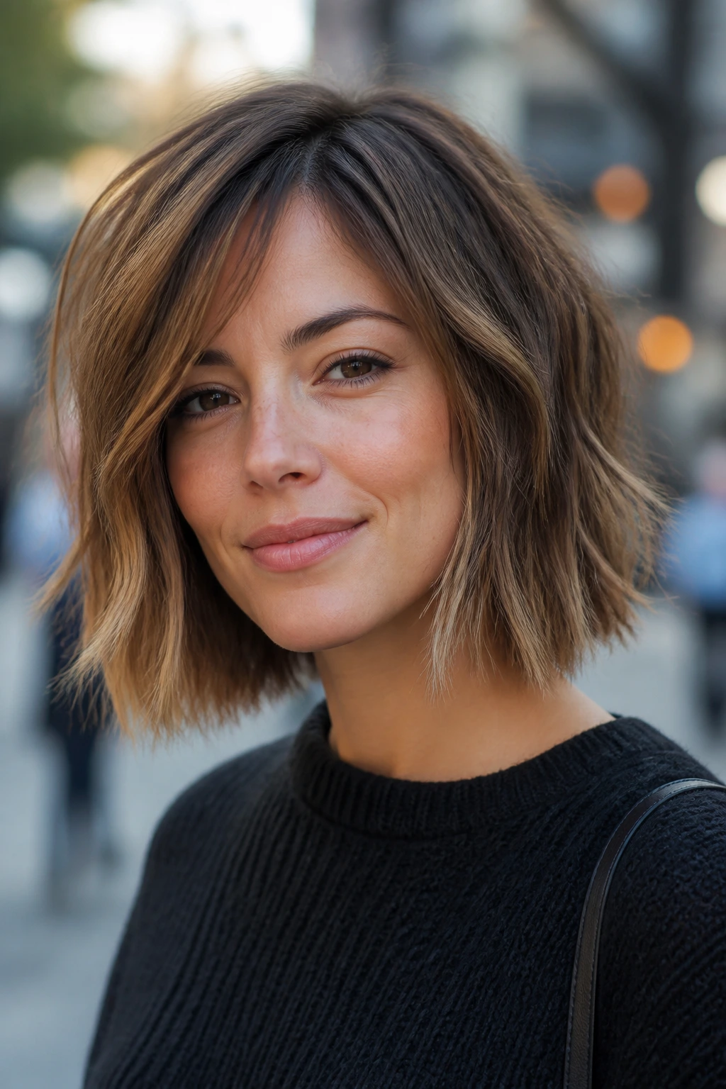 Close-up of a real woman with a choppy lob and piecey texture.