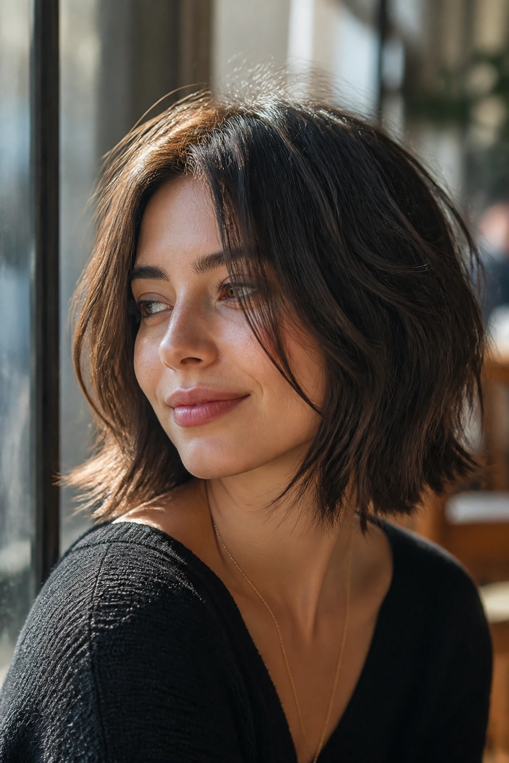 Close-up of a real woman with choppy lob haircut and textured layers in warm cafe light