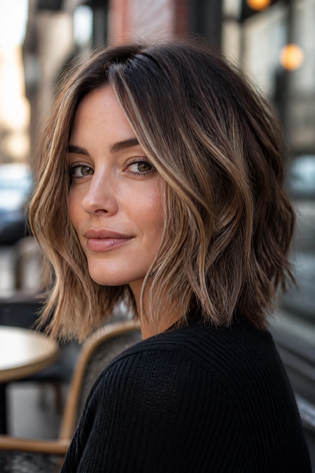 Close-up of a woman with a shoulder-length choppy textured lob.