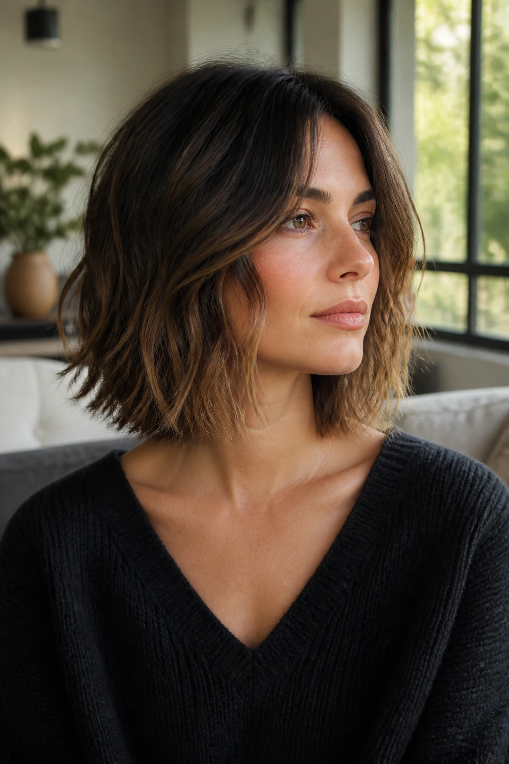 Real woman with choppy lob showing length variations and texture.