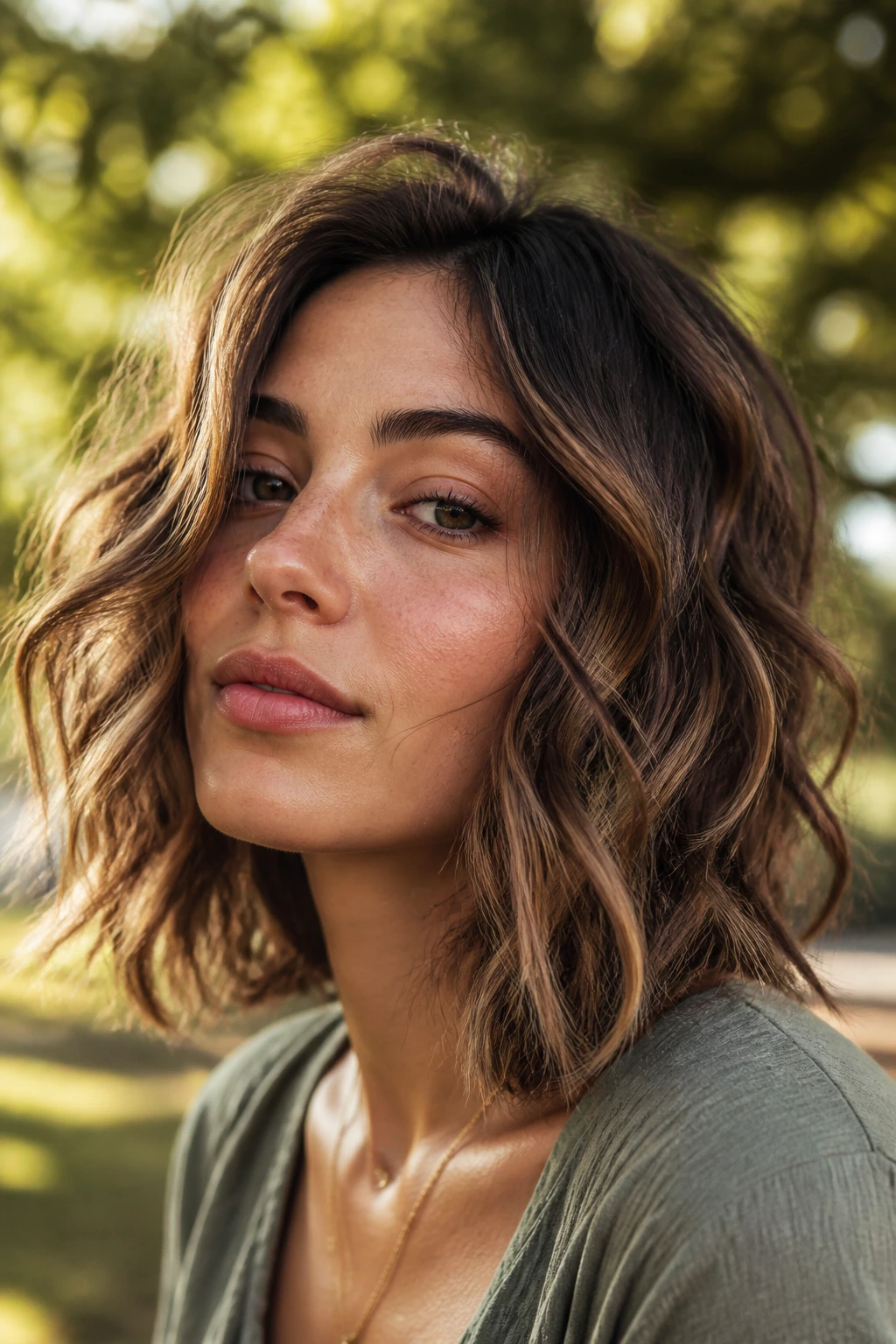 Close-up of a woman with a choppy wavy lob outdoors in golden hour light