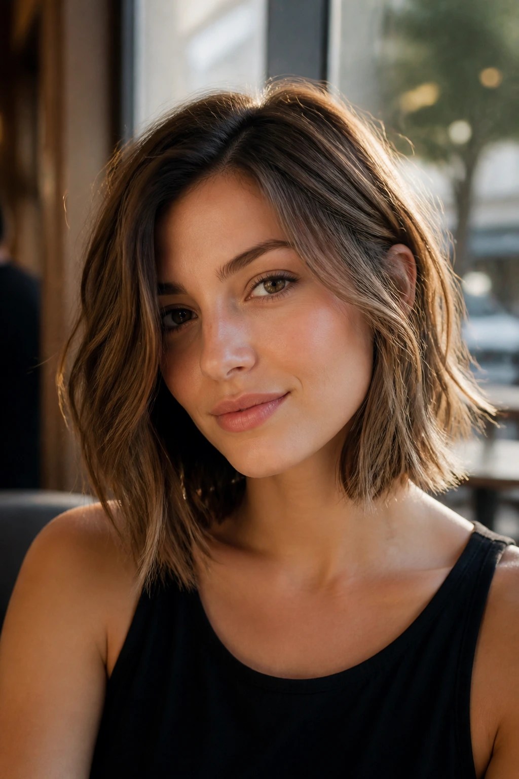 Close-up portrait of a woman with a choppy long bob with airy ends