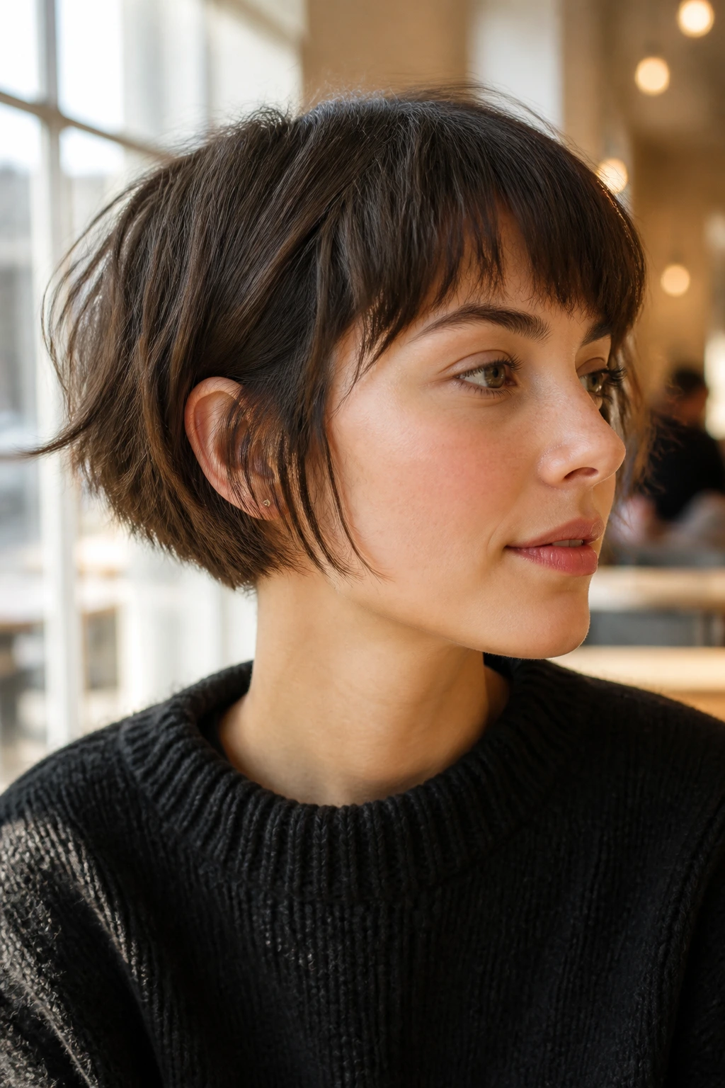 Real person wearing a choppy micro bob, jaw-length with broken ends