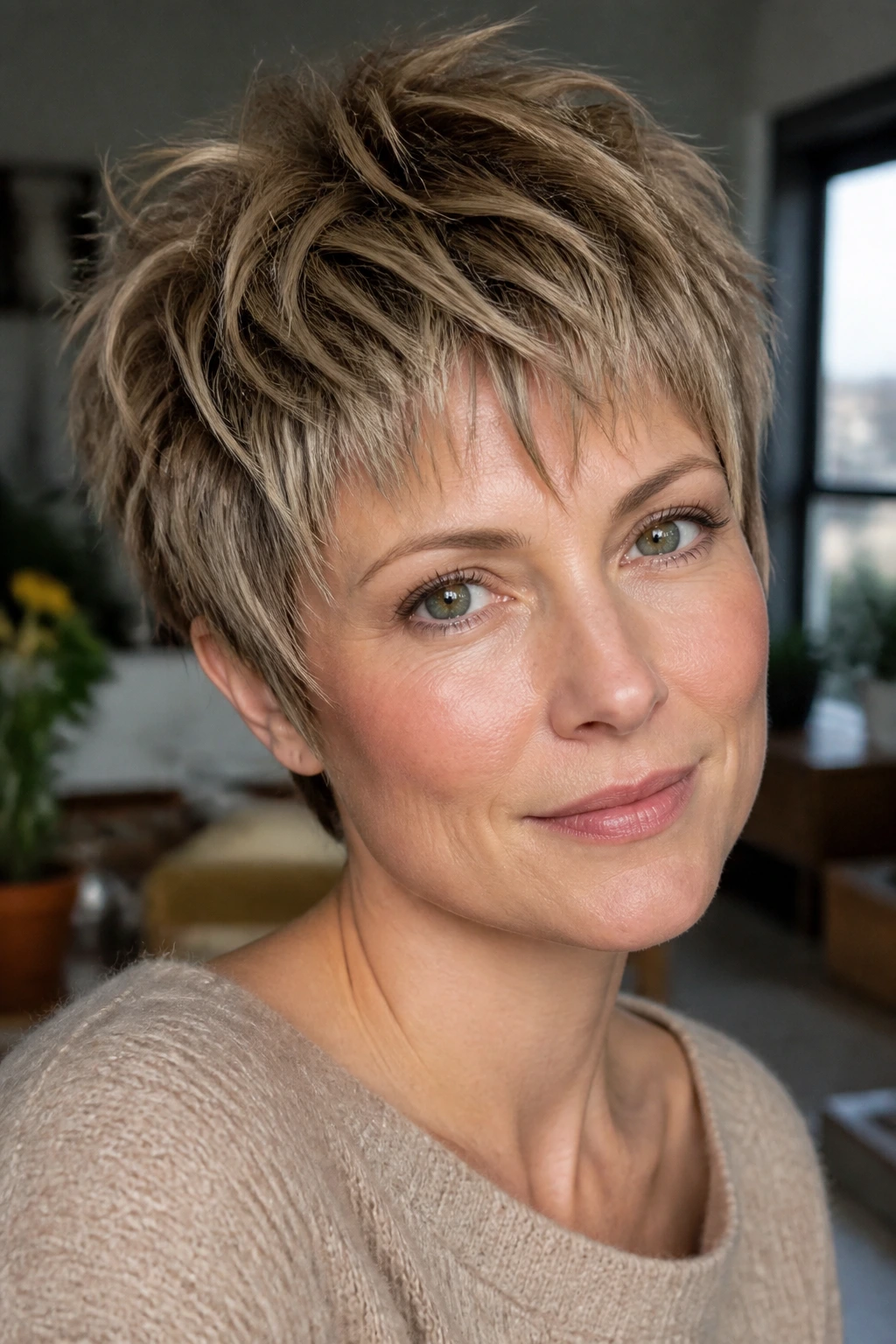 Close-up of a real woman with a choppy micro-layer pixie showing texture and lift