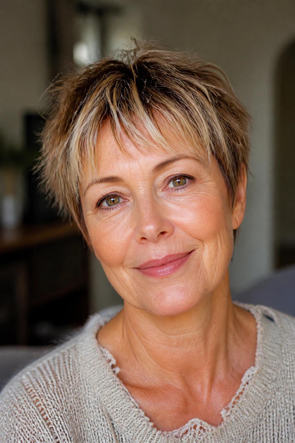 Close-up of a real woman with choppy micro-wisps fringe and natural window light