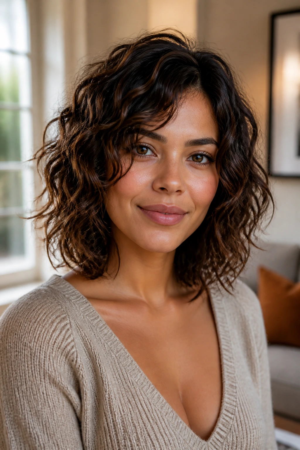 Close-up of a real woman with a choppy mid-length cut under warm window light