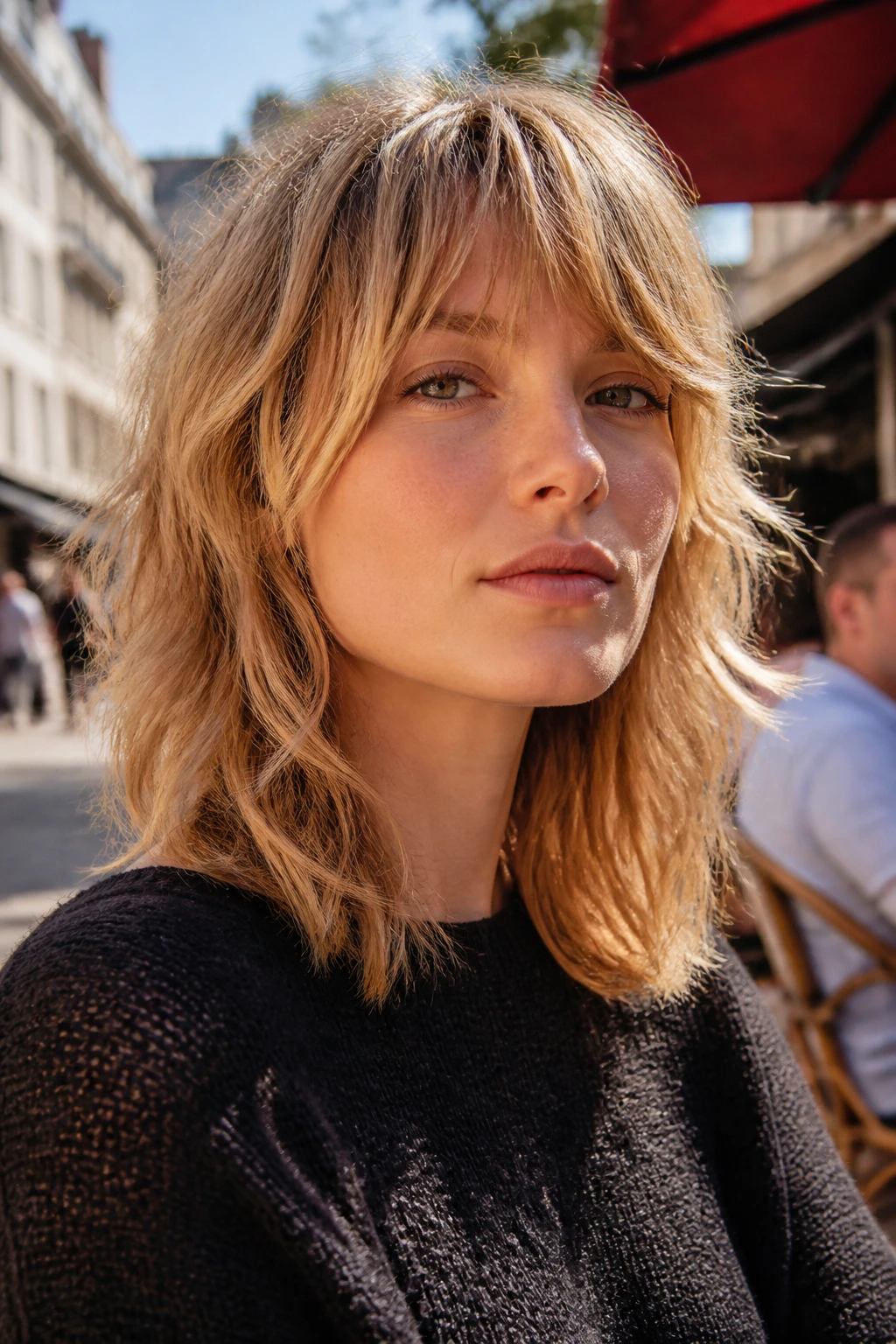 Portrait of a real woman with a choppy mid-length shag and shoulder-grazing ends