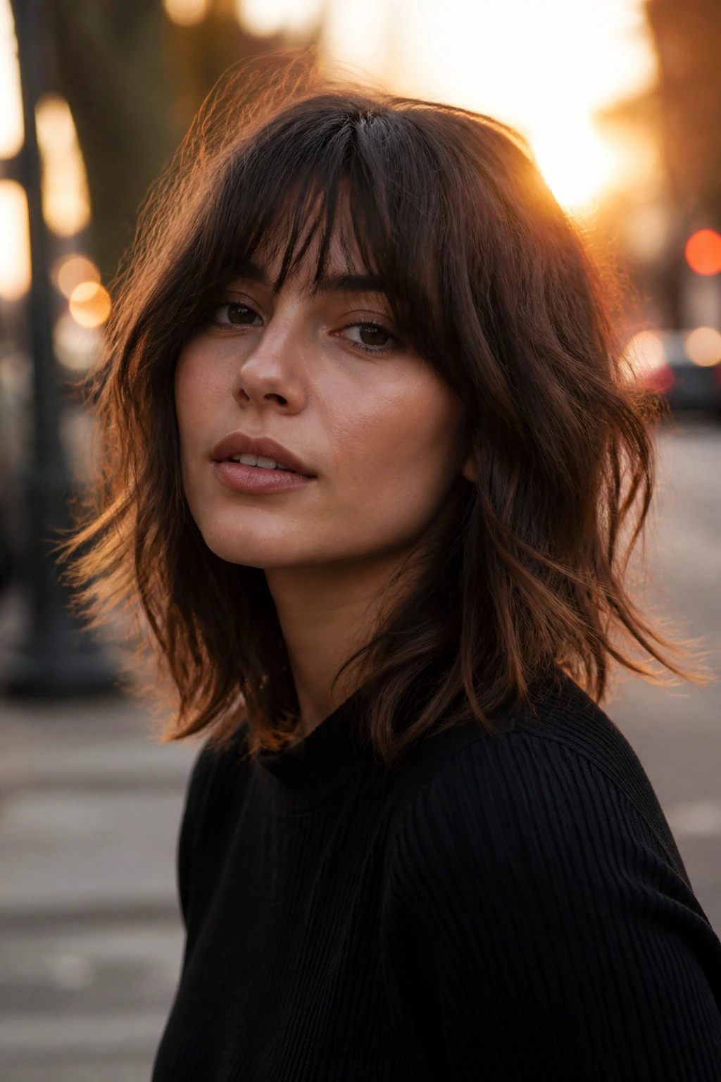 Portrait of real woman with Choppy Midi and Brow-Skimming Bangs on urban street at sunset