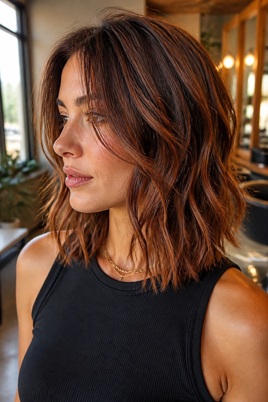 Close-up of a real woman with a choppy midi cut and cinnamon balayage in warm salon light.