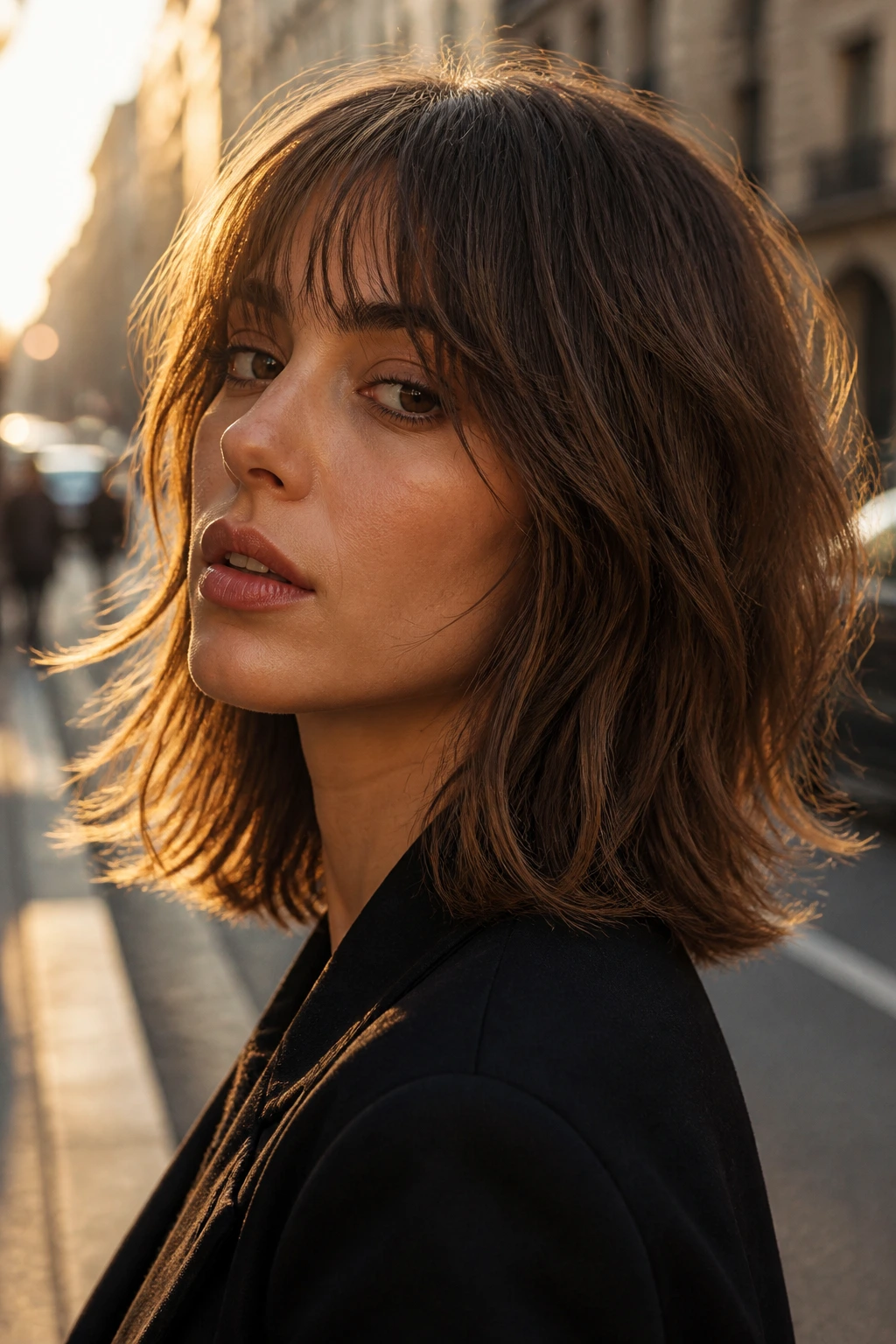Portrait of a real person with a choppy midi cut and micro-layers in golden hour light