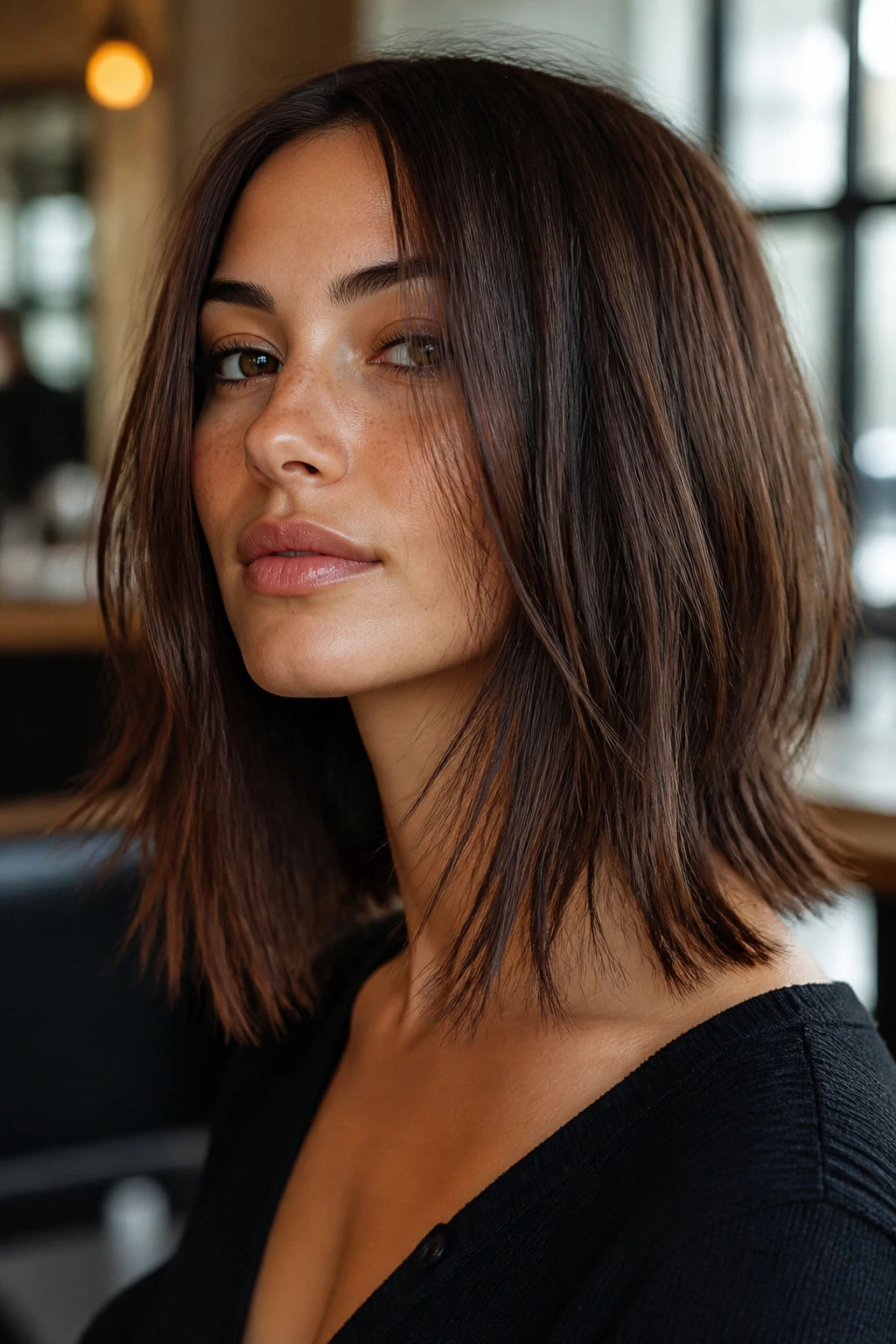 Close-up portrait of a real person with choppy midi haircut and piecey ends, shoulder-length textured hair.