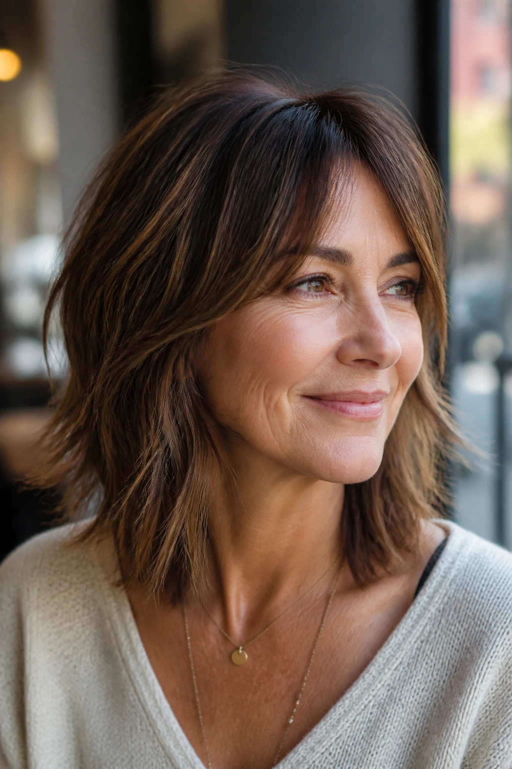 Close-up portrait of a real woman with choppy midi and piecey ends