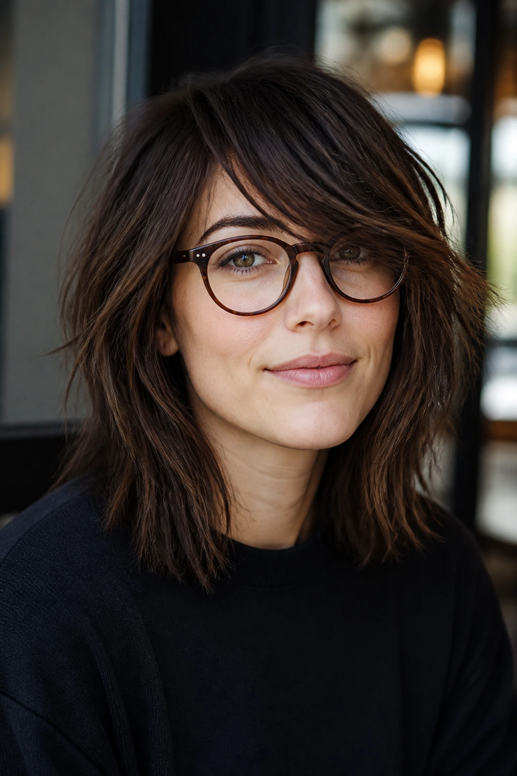 Close-up of a real woman with choppy midi shag and side-swept bangs