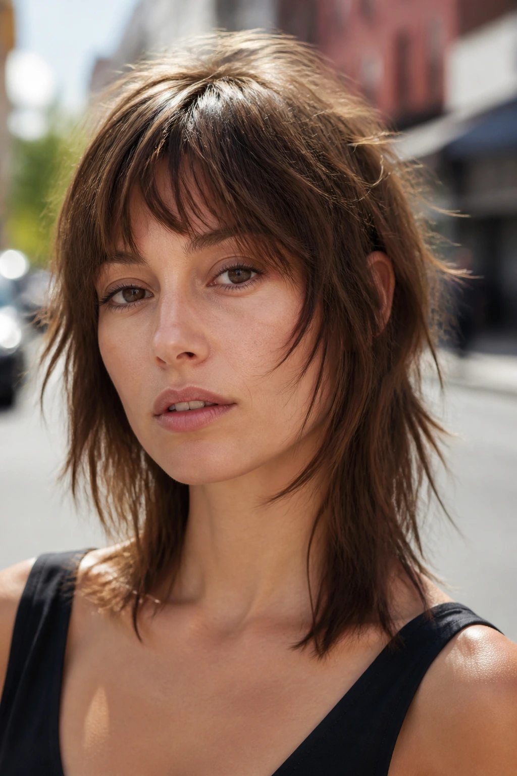 Close-up portrait of a real woman with choppy midi shag in outdoor light