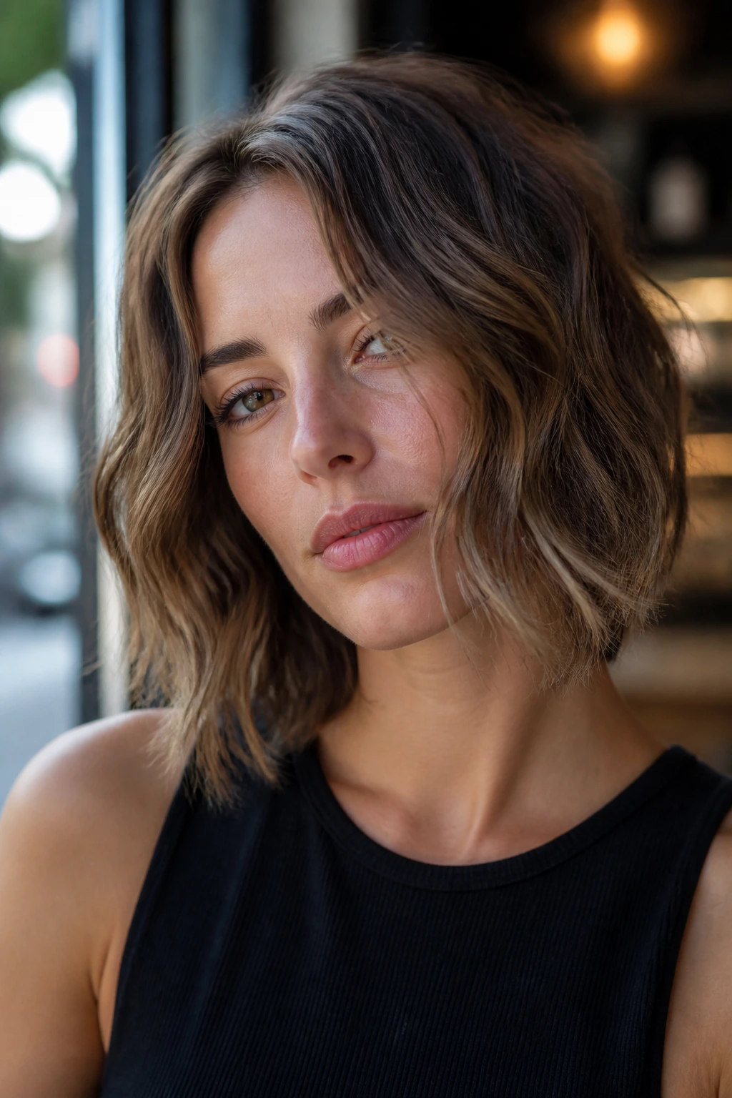 Close-up of a real woman with a choppy midi cut and subtle S-waves