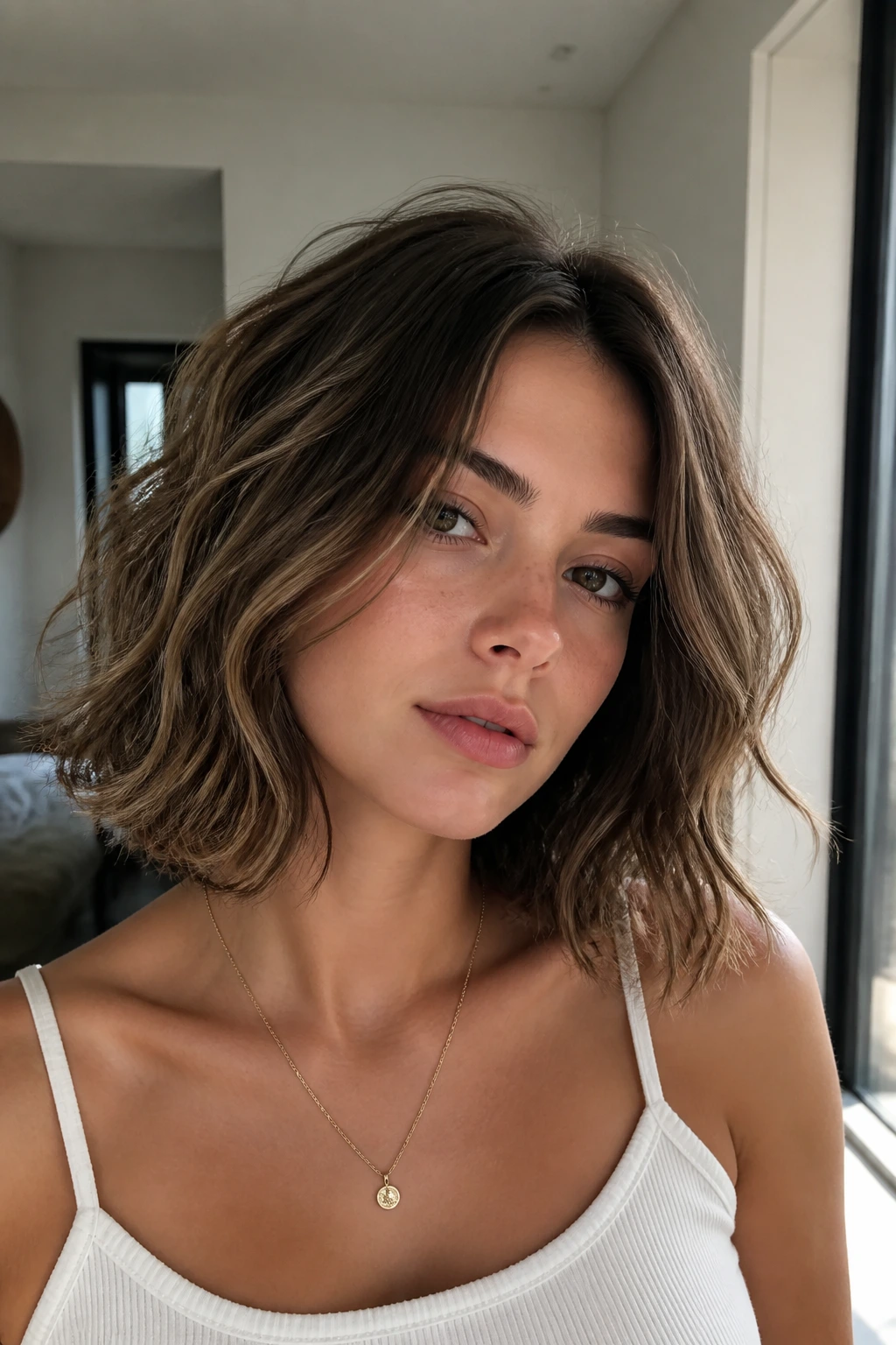 Real person with a choppy mini lob and textured waves.