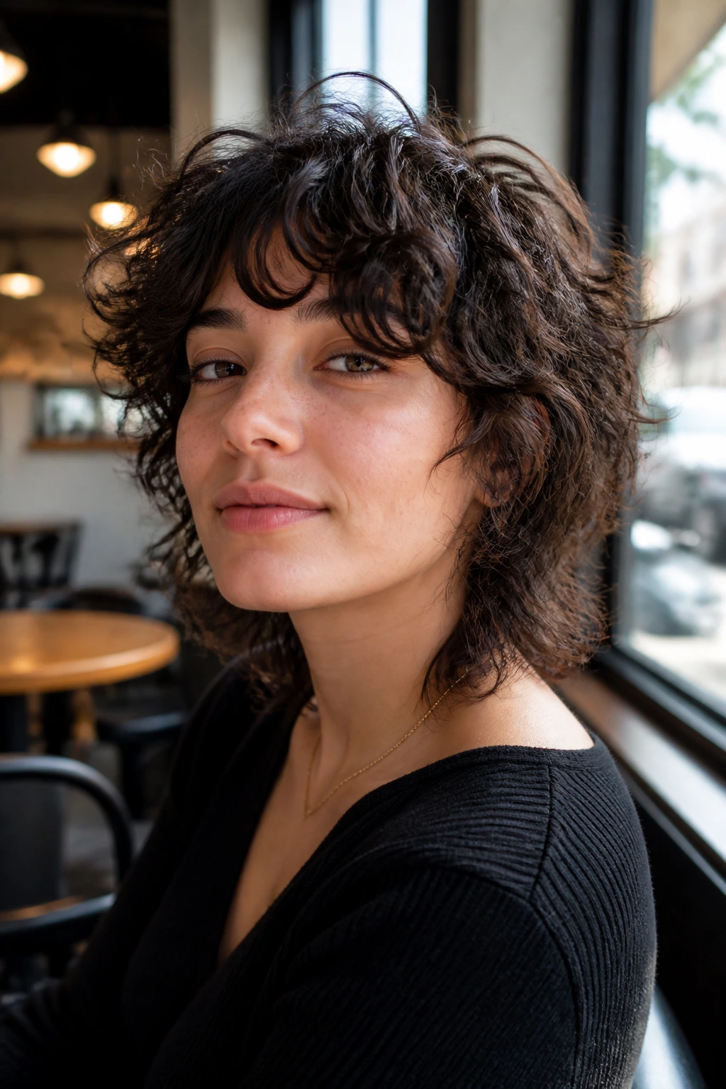 Portrait of real person with choppy mixed-length wolf curls in a cafe window setting