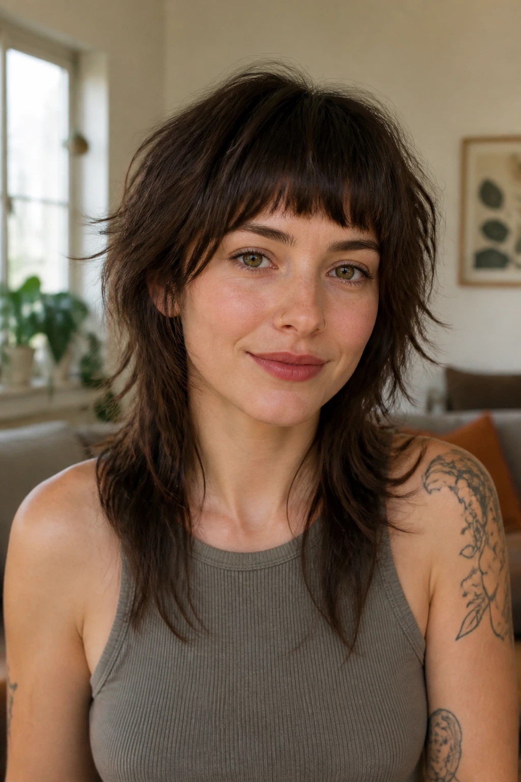 Close-up of real woman with choppy mullet and rounded fringe