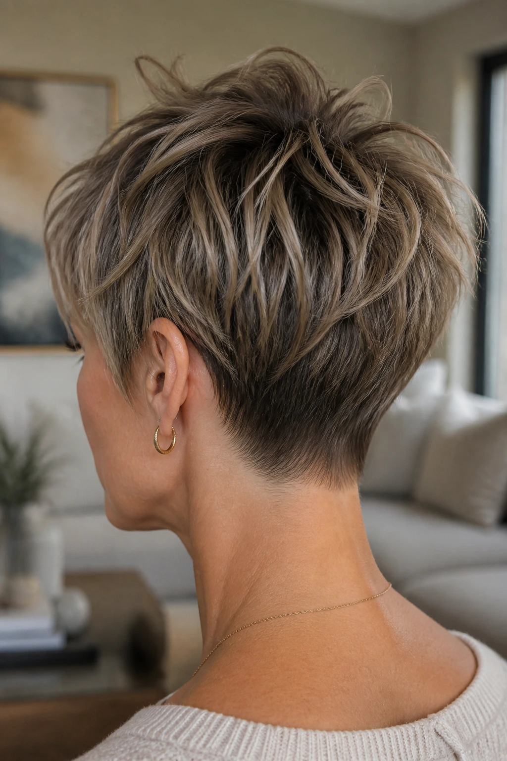 Back view of a real woman with a choppy nape crop, showing tapered neckline and textured crown