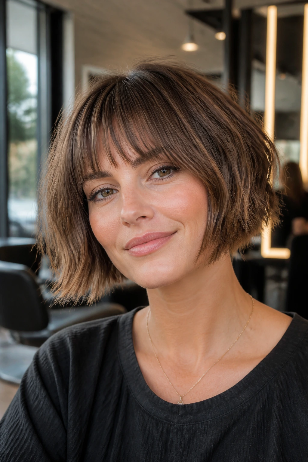 Close-up of a woman with a choppy pageboy bob showing textured ends and lifted crown