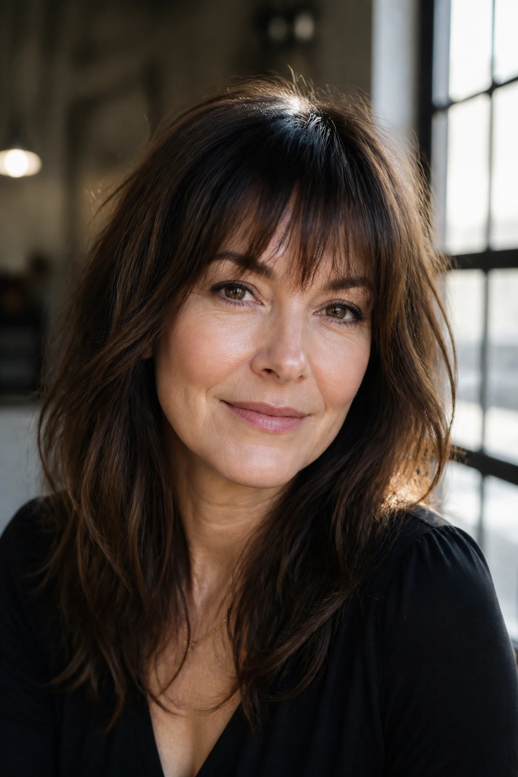Portrait of a real woman with thick, choppy piecey bangs