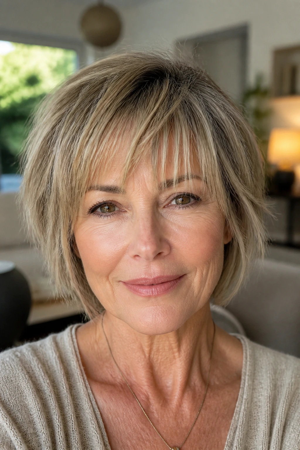 Close-up portrait of a woman with choppy piecey bangs showing texture