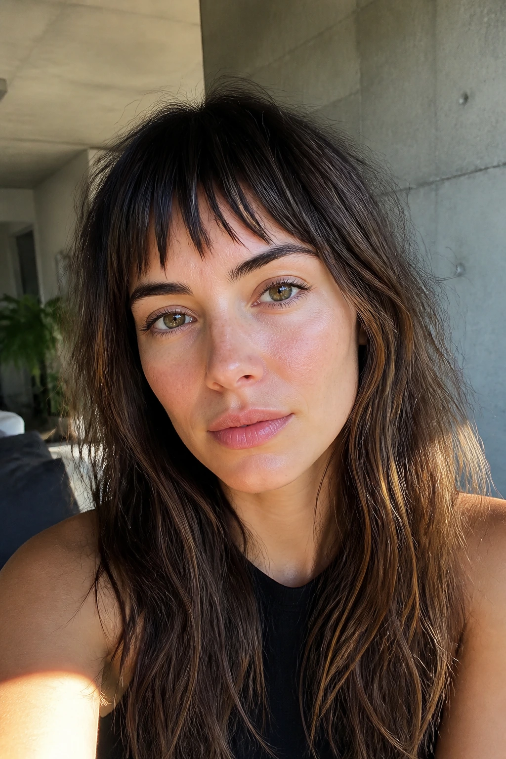 Close-up portrait of a real person with choppy piecey bangs in a bright home