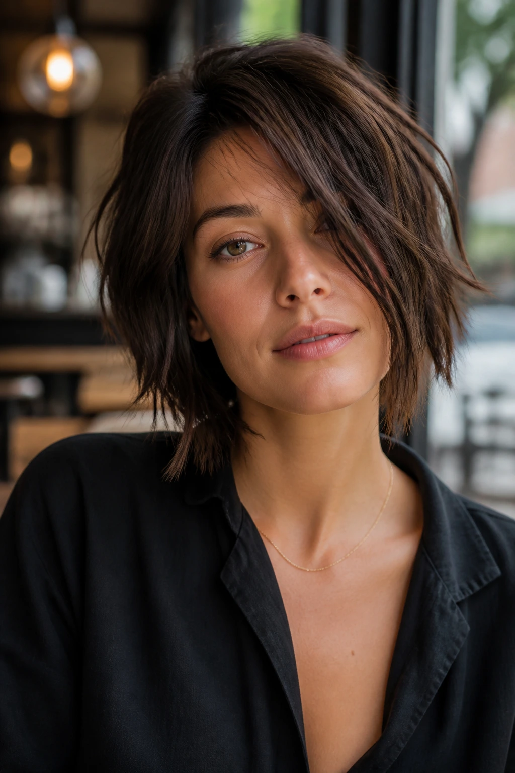 Close-up portrait of a real woman with a choppy piecey bob featuring separated pieces.