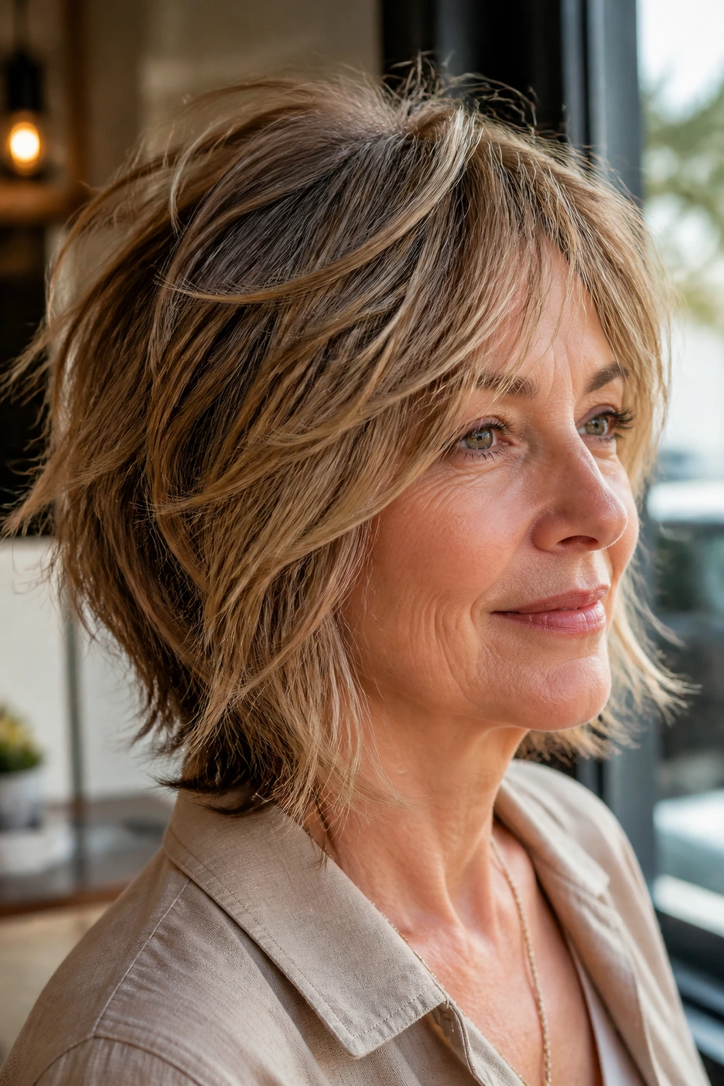 Close-up of a real woman with choppy piecey layered hair in cafe light.