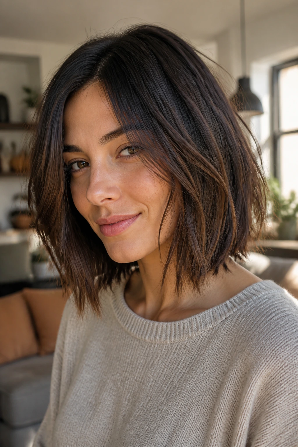 Real woman with choppy piecey lob showing uneven texture
