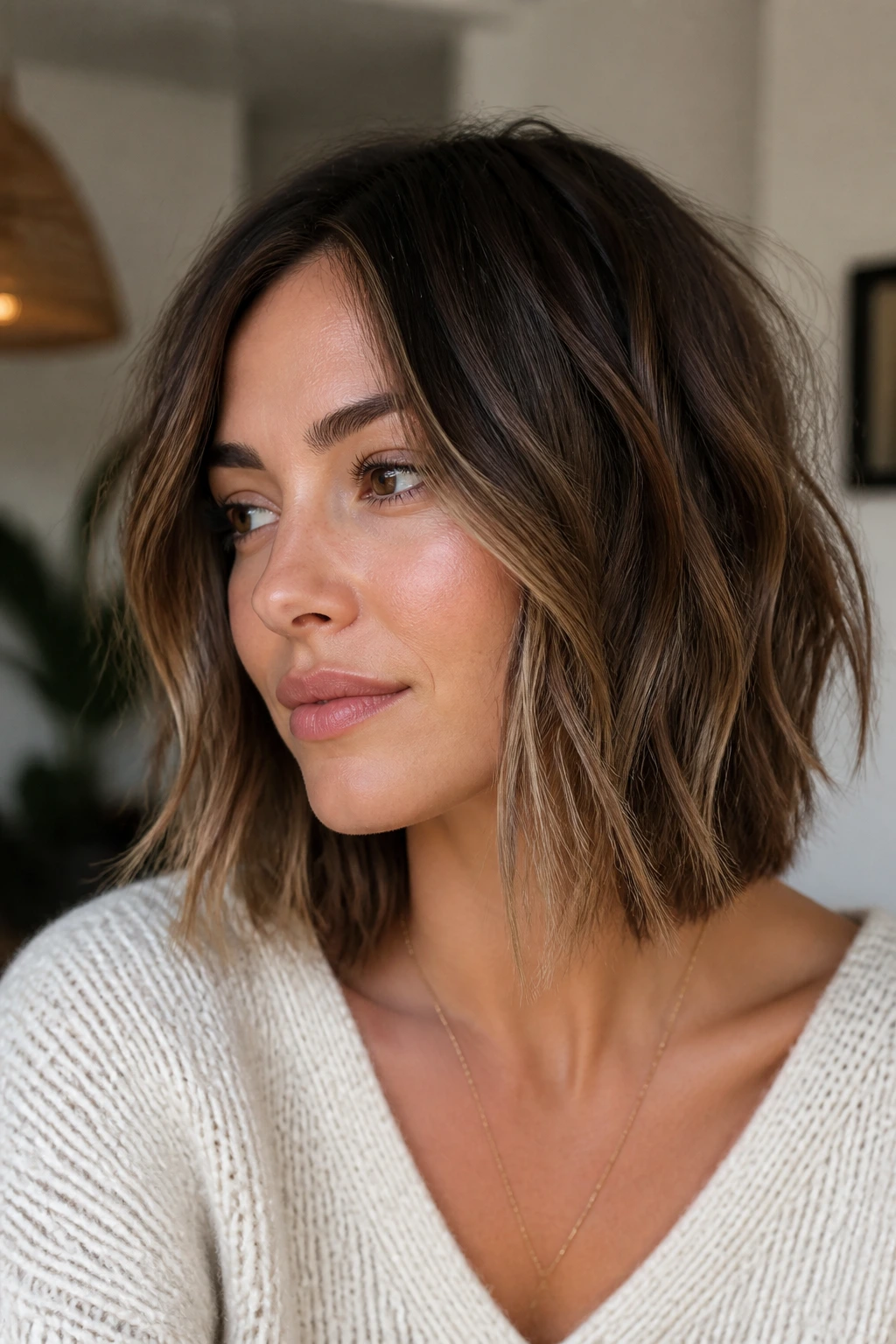Close-up portrait of a person with a choppy piecey lob and textured ends