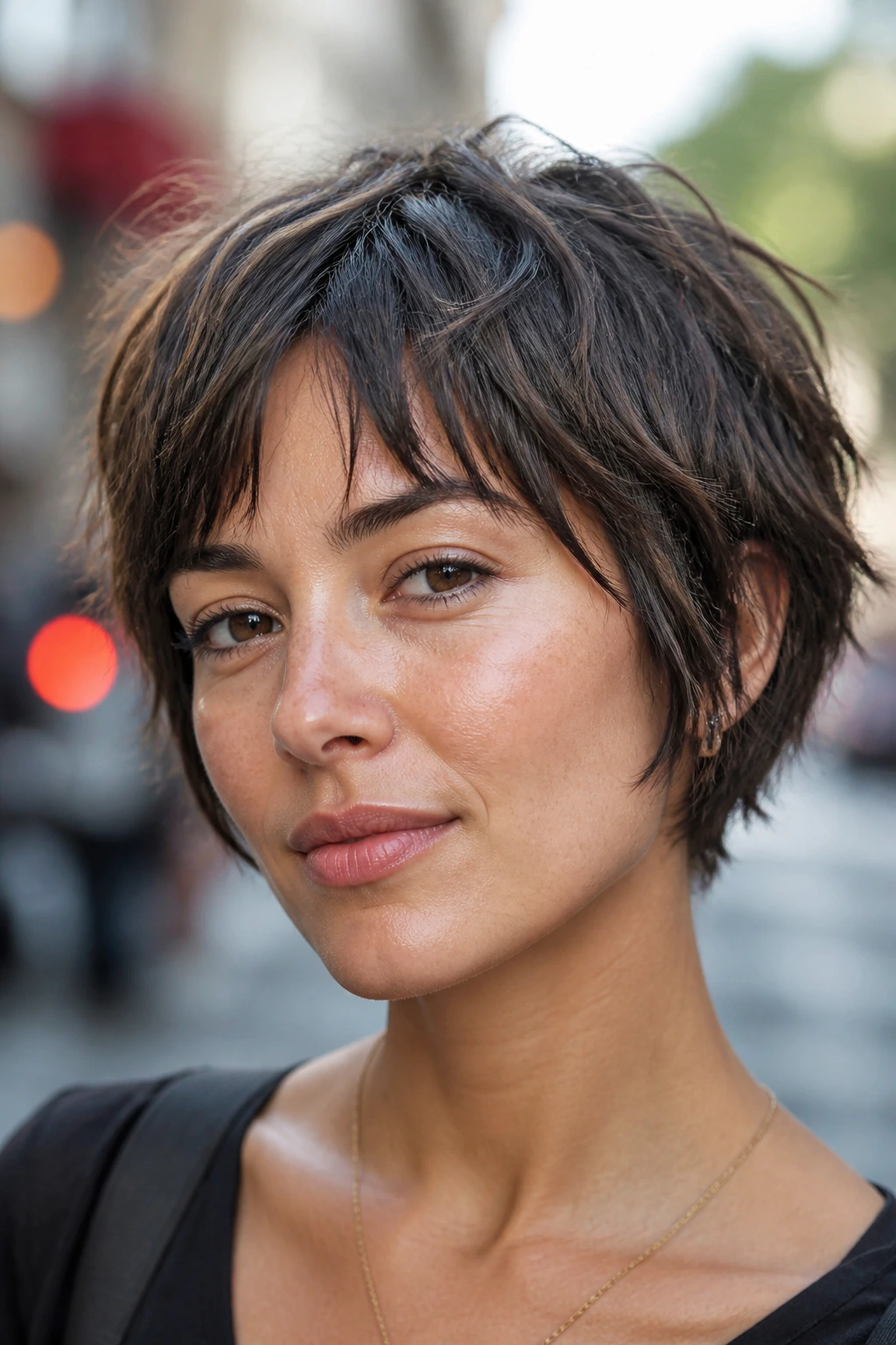 Portrait of a person with a choppy piecey pixie bob showing textured ends.