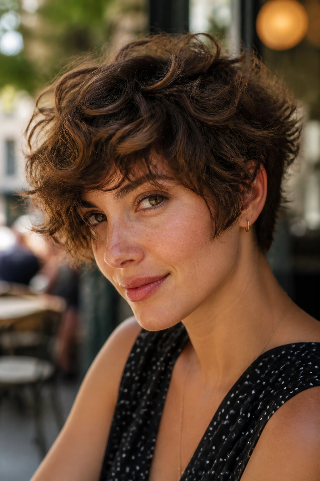 Close-up of a real woman with a choppy pixie bob showing movement in the ends