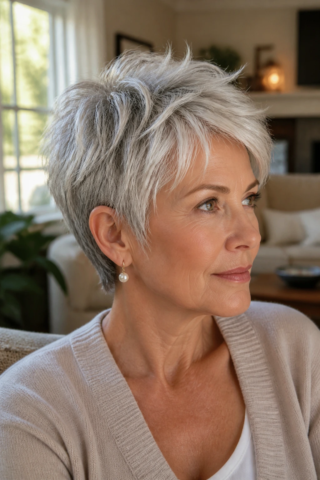Close-up portrait of a real woman with a choppy pixie-bob in silver-gray, textured layers and natural swing.