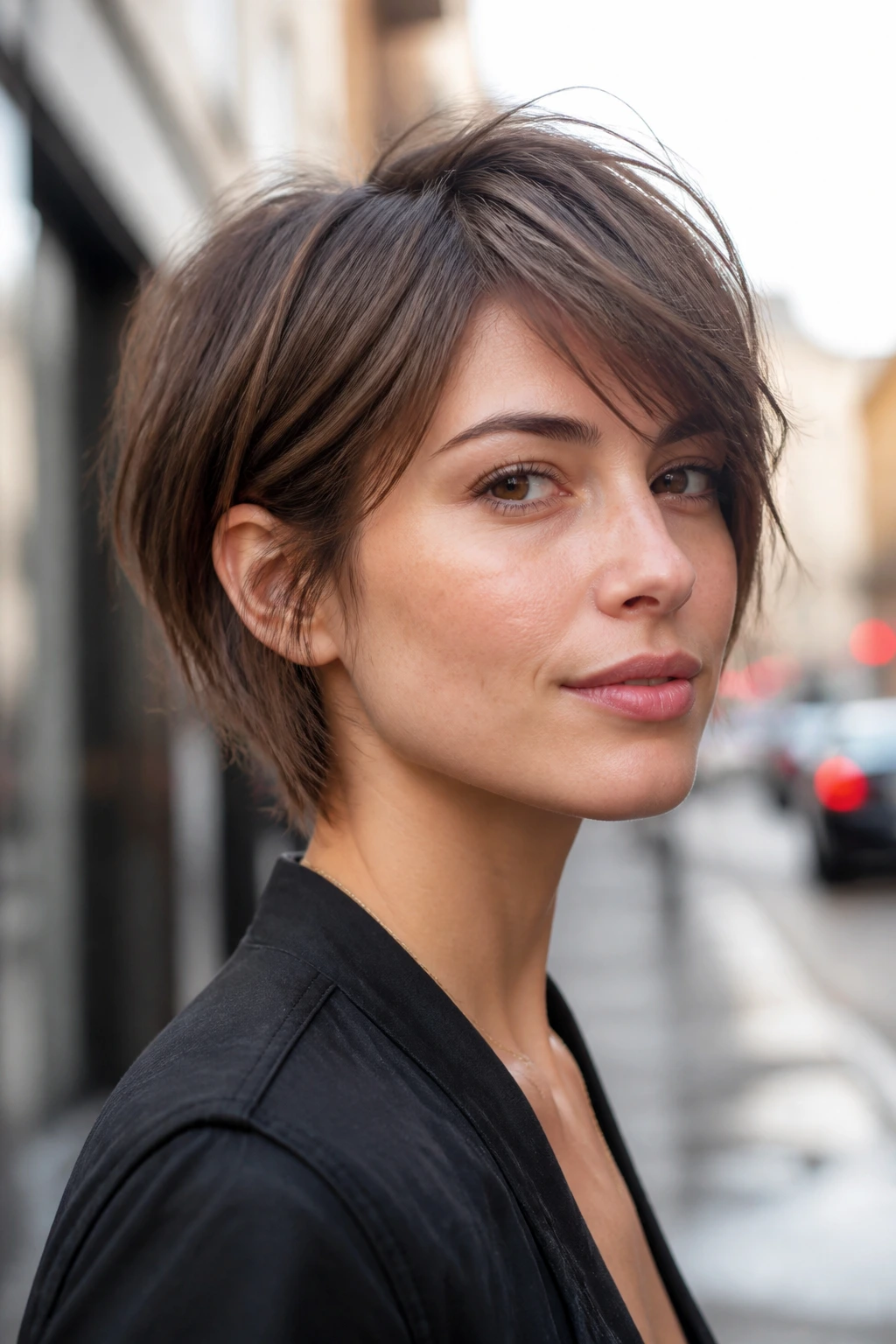 Real woman with choppy pixie bob on urban street