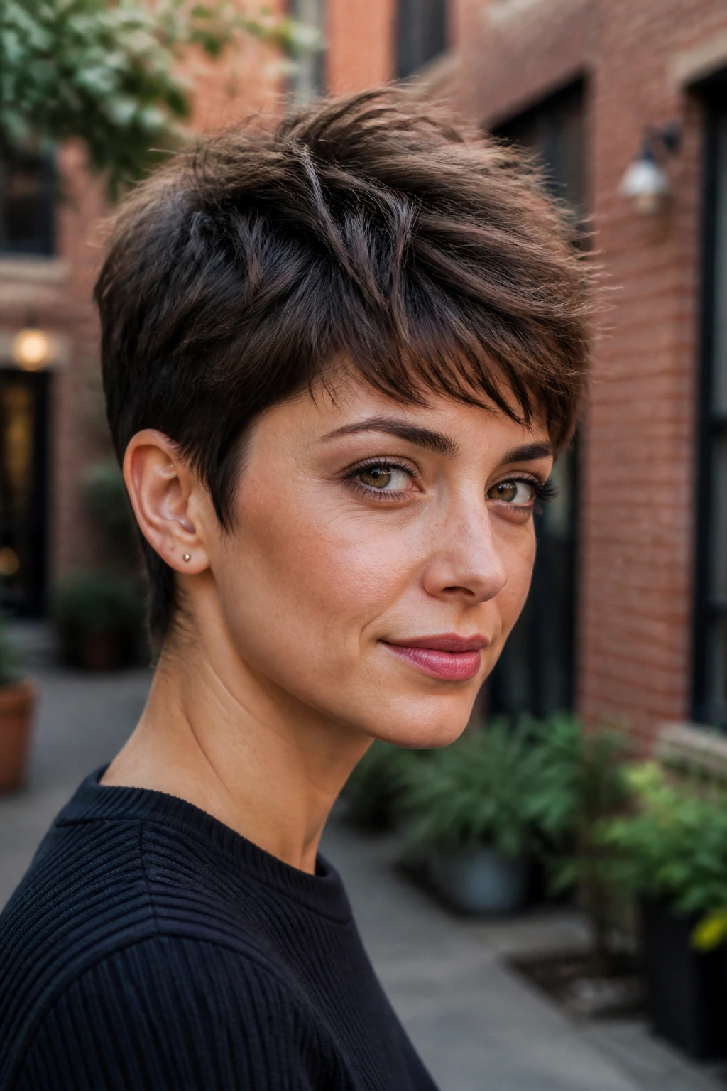 Portrait of a woman with a choppy pixie and long crown