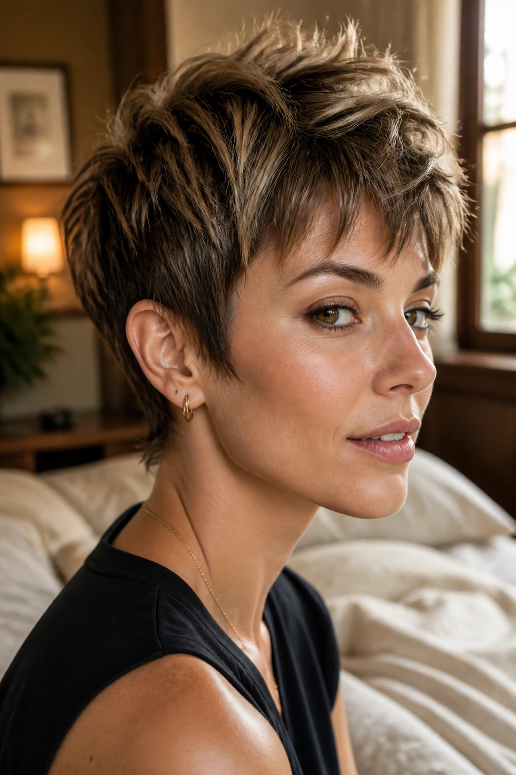 Close-up of a real woman with a textured choppy pixie haircut showing crown lift