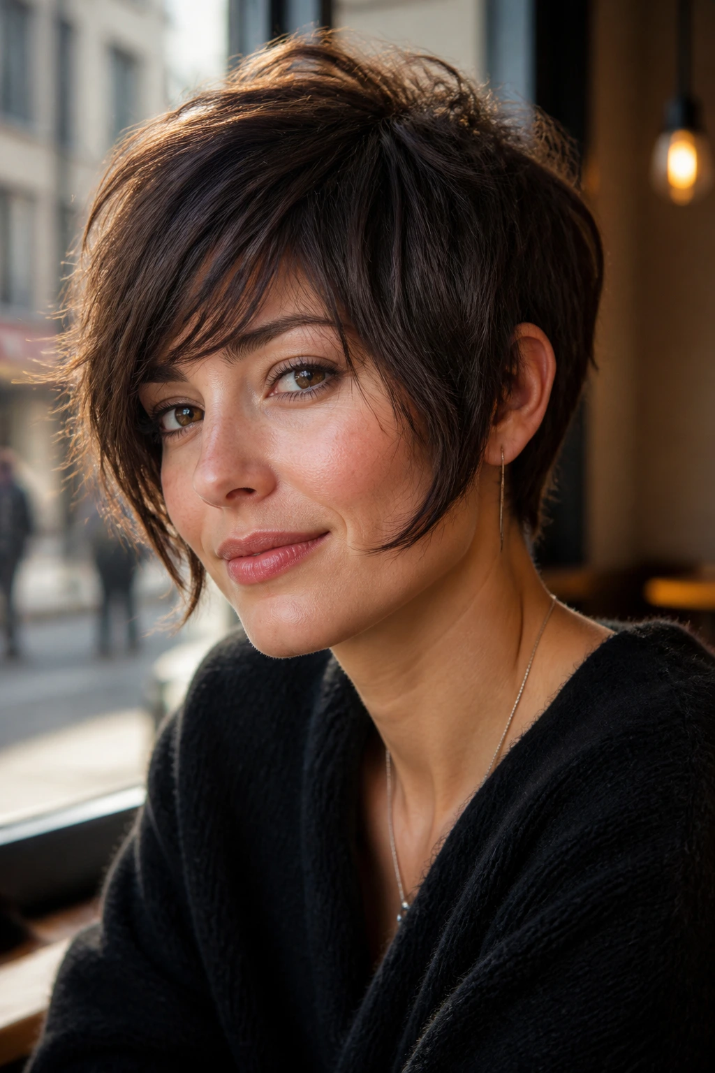 Close-up of a real woman with choppy pixie and long temple fringe under warm cafe light