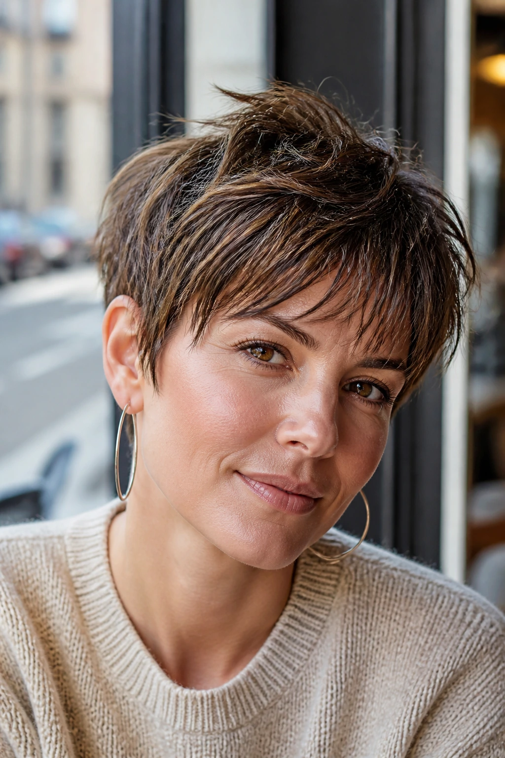 Real woman with choppy pixie and wispy fringe in a cafe window setting