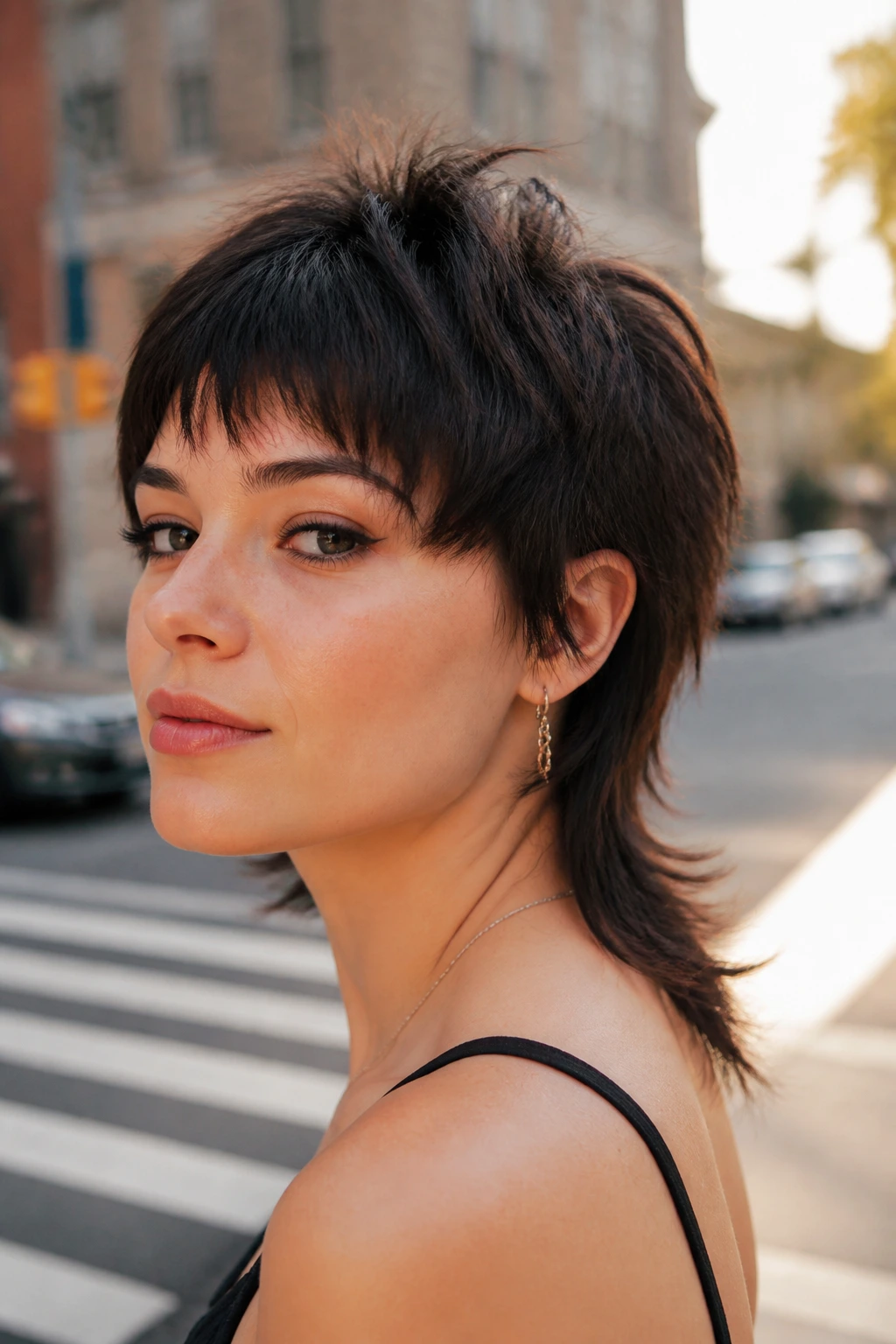 Close-up portrait of a real woman with a choppy pixie-mullet hybrid hairstyle, crown lift and longer back.