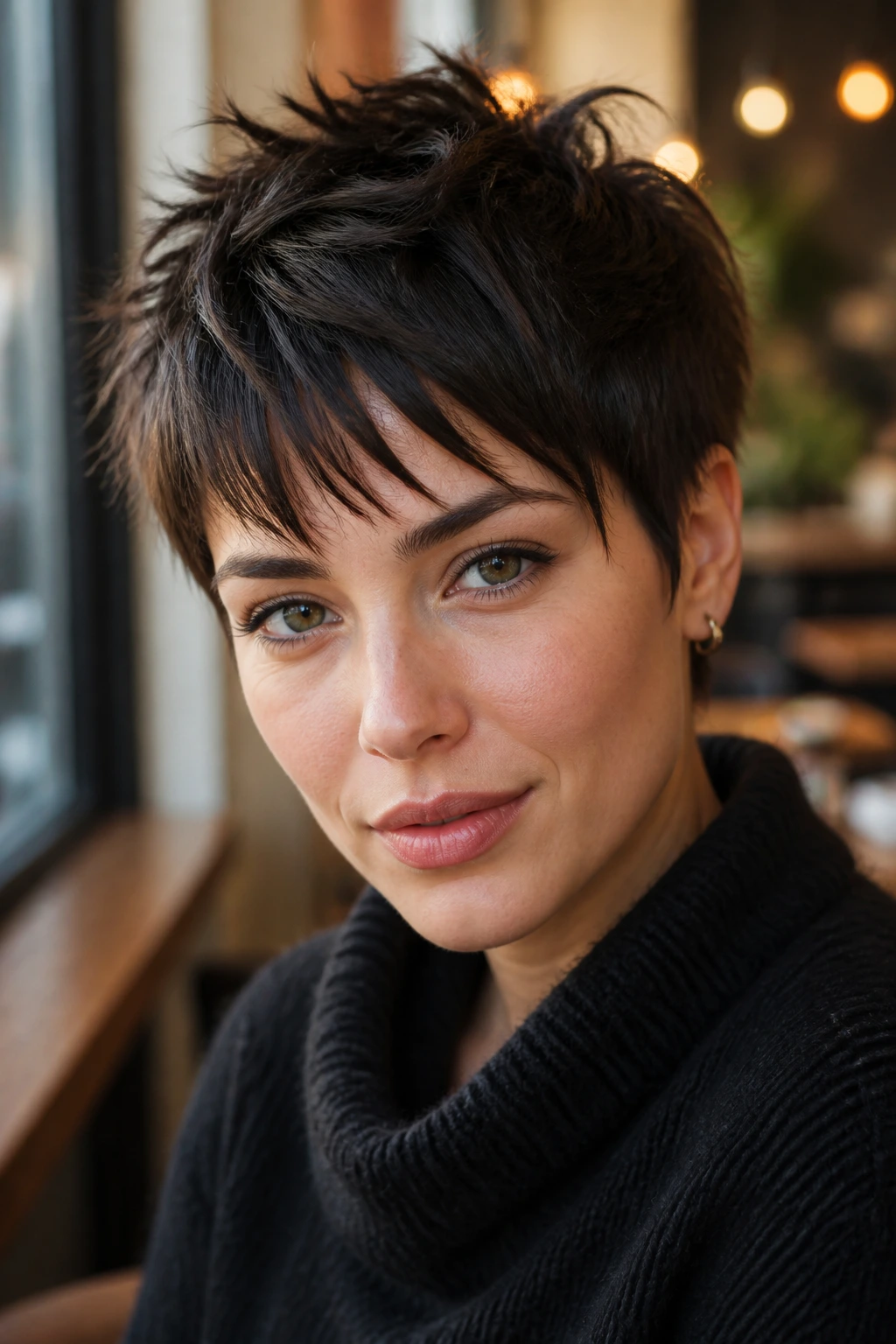 Close-up of a real person with choppy pixie piecey definition in warm cafe light